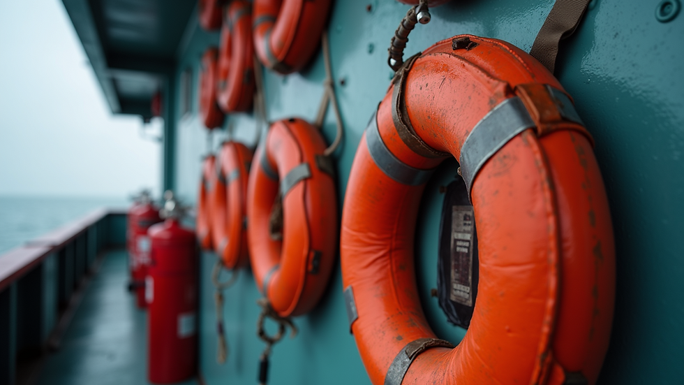 Close-up view of safety equipment including life jackets and fire extinguishers on a fishing vessel