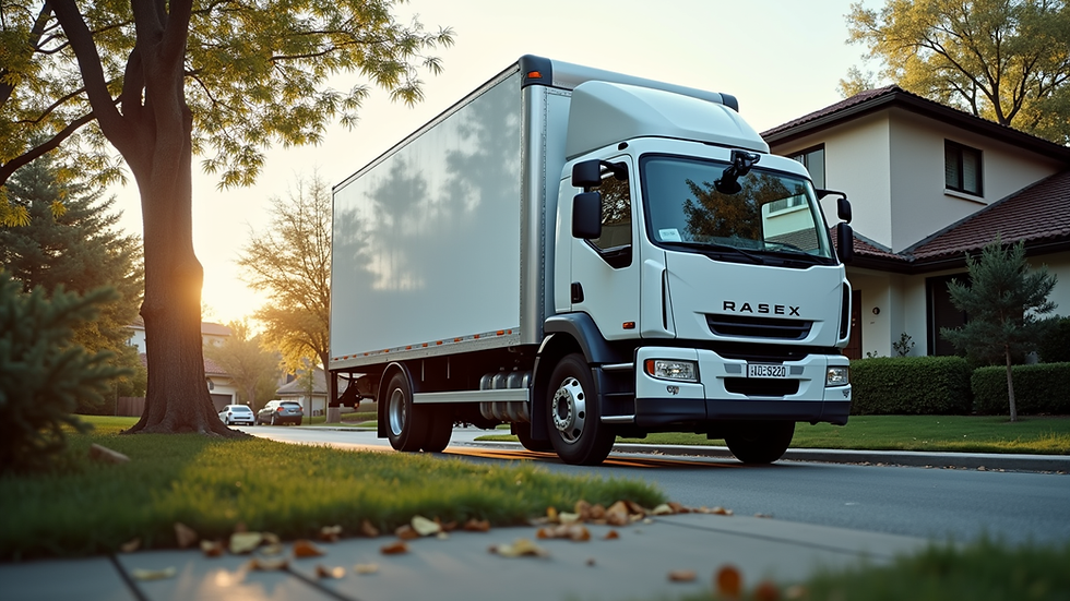 Eye-level view of a moving truck parked outside a suburban house