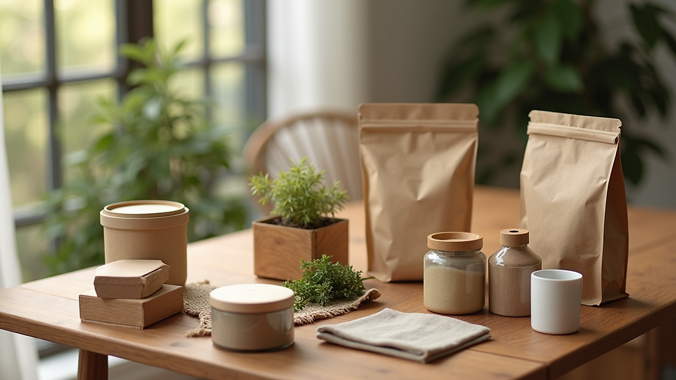 High angle view of various eco-friendly packaging materials on a wooden table
