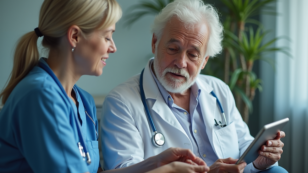 Eye-level view of a healthcare professional interacting with an elderly patient using a tablet