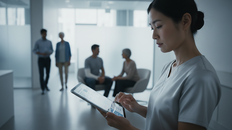 Close-up view of a healthcare coordinator reviewing patient medical records on a tablet