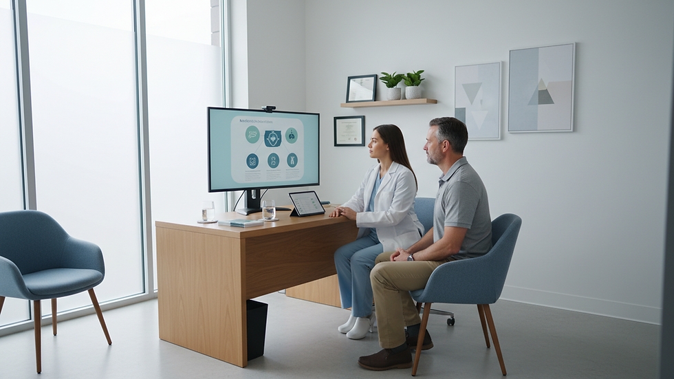 Eye-level view of a modern medical consultation room with a doctor and patient discussing health options