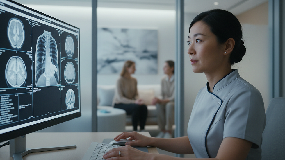 Close-up view of a medical specialist reviewing diagnostic images on a computer screen