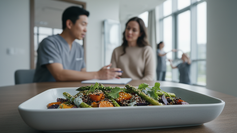 Close-up view of a healthy meal with fresh vegetables and grains