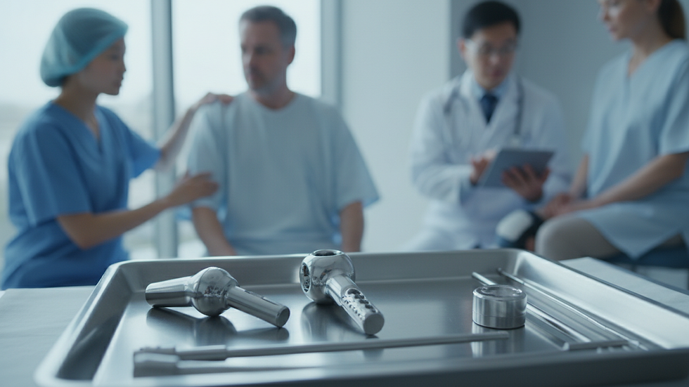 Close-up view of orthopedic implant components on surgical tray