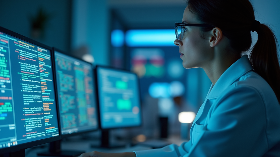 Eye-level view of a scientist analysing genome data on a computer screen