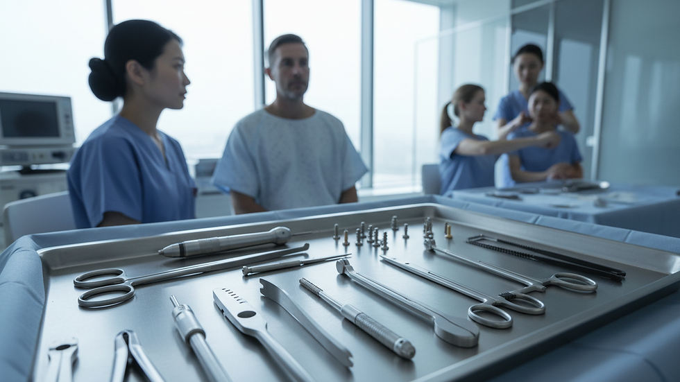 Close-up view of orthopedic surgical instruments arranged on a sterile tray