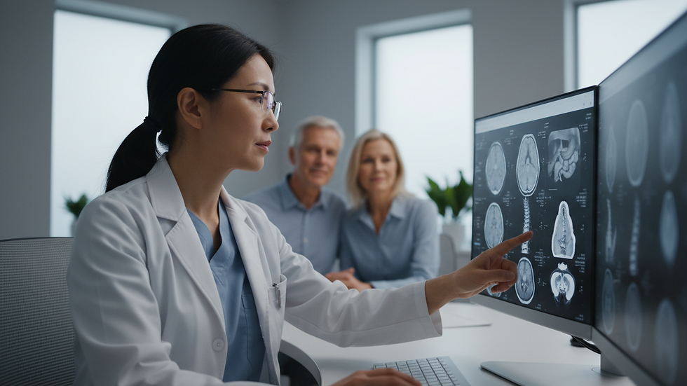 Close-up view of a healthcare professional reviewing diagnostic images on a computer screen
