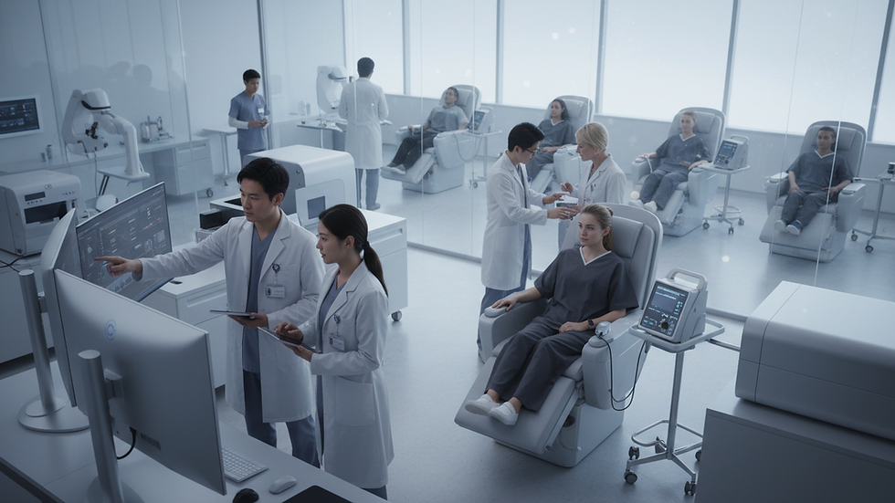 High angle view of a hospital research lab with advanced medical equipment