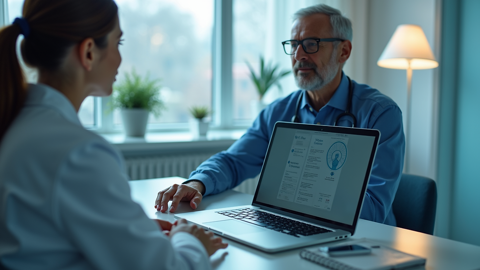 Eye-level view of a telemedicine consultation setup with a laptop and medical equipment