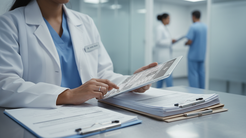 Close-up view of a healthcare professional reviewing medical documents