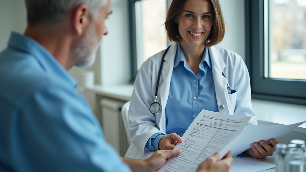 Close-up view of a patient discussing medical documents with a healthcare coordinator