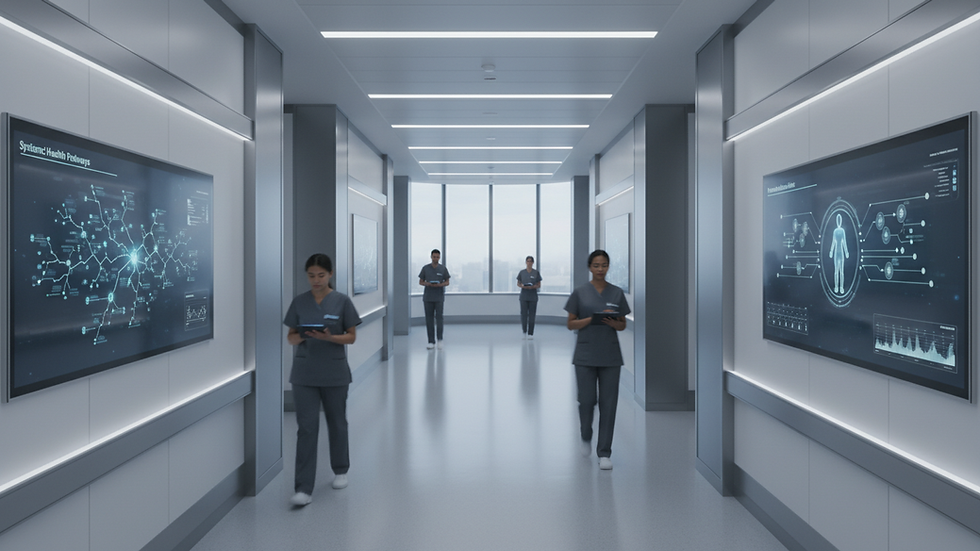 High angle view of a hospital corridor with digital health displays