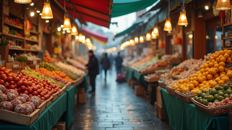 Wide angle view of a bustling marketplace showcasing various goods