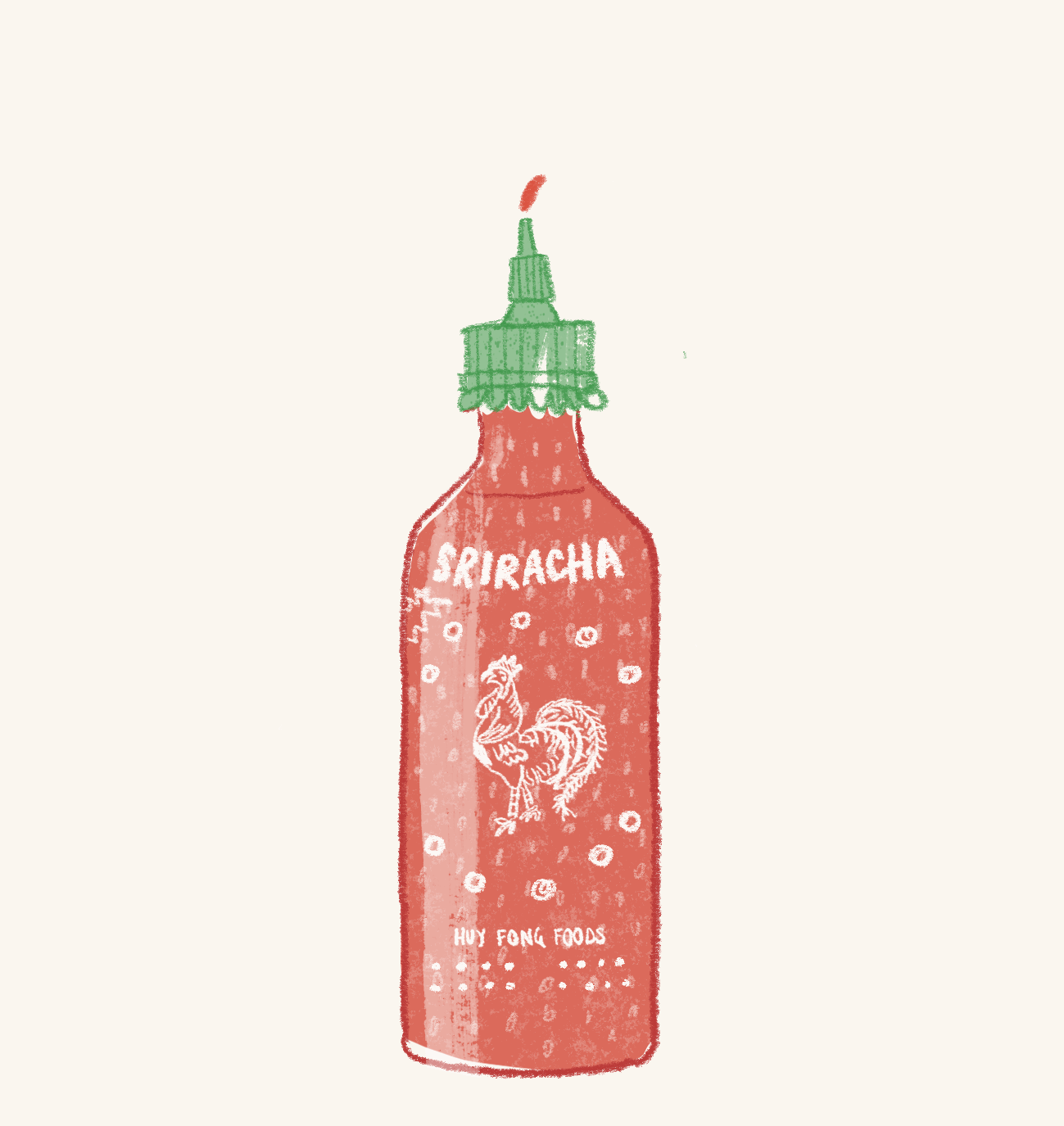 An illustrated sriracha bottle animation squeezing out sauce.