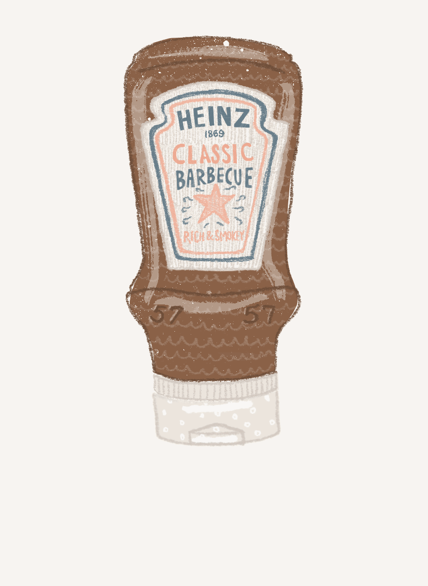 An animated illustration of a barbecque sauce bottle squeezing out sauce,