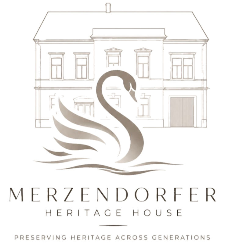 Merzendorfer Heritage House Logo mit Schwanen-Illustration.