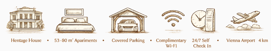 Ausstattung der Apartments nahe Flughafen Wien: Parkplatz, WLAN, Check-in.