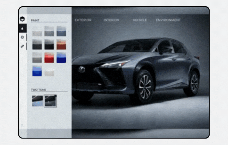 Live Car customisation in the Lexus Automobile configurator. Showcasing the power or immersive industry applications that have many uses ranging from promotional material to assistance in a customers purchase