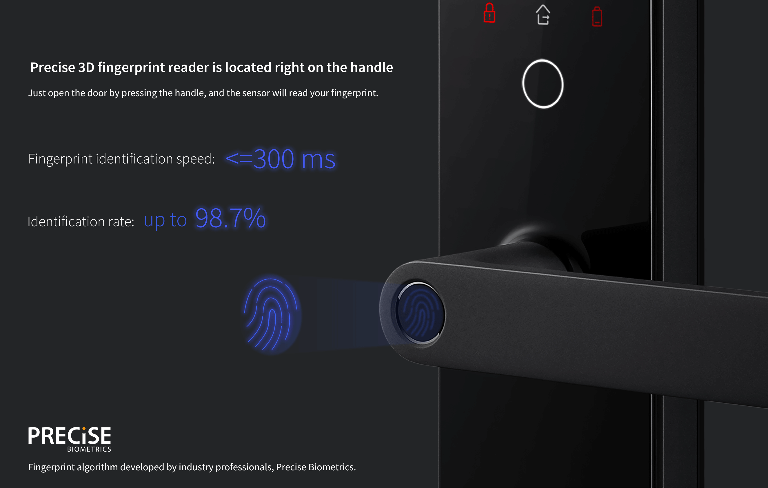 Aqara Door Lock N100 with a precise 3D fingerprint reader is located right on the handle. Just open the door by pressing the 
