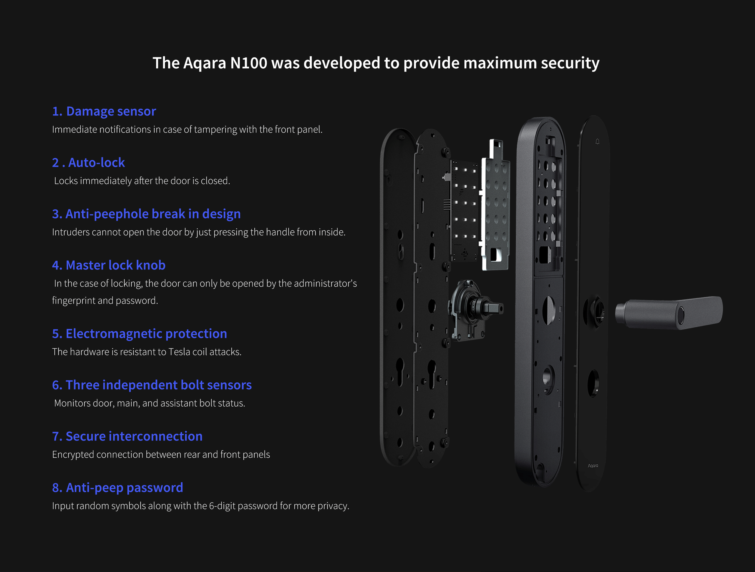 Aqara Door Lock N100 will have immediate notifications in case of tampering with the front panel. Locks immediately after the