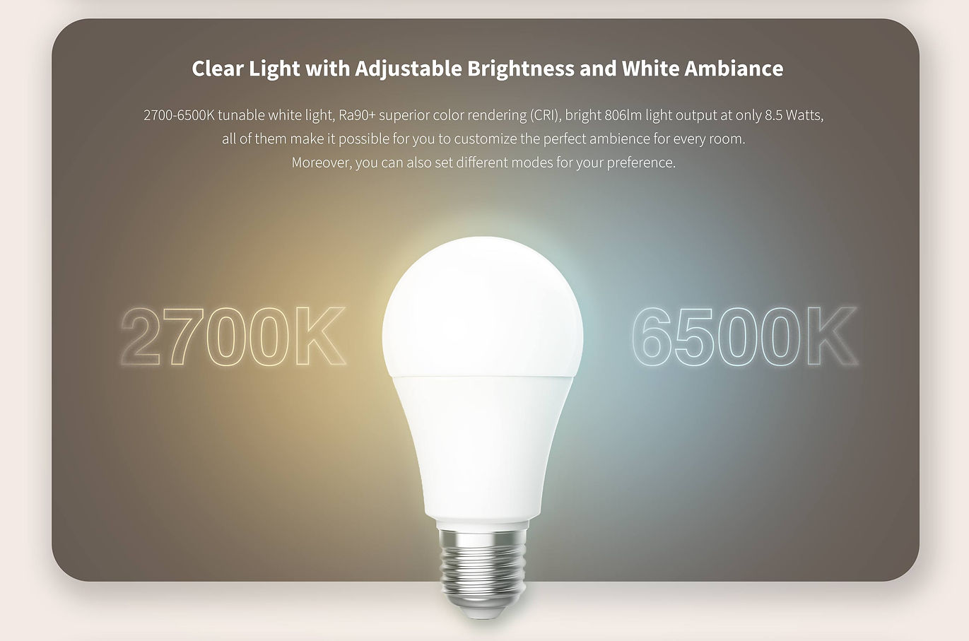 Aqara LED Bulb T1 with 2700-6500K tunable white light, Ra90+ superior color rendering (CRI), bright 806lm light output at onl