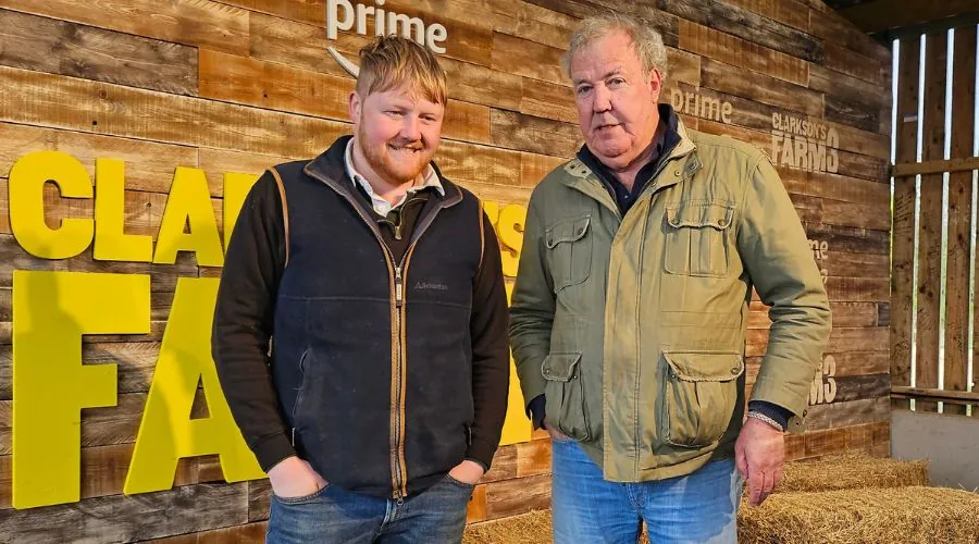 Kaleb Cooper and Jeremy Clarkson in front of Amazon Prime Clarkson’s Farm - based in the near Beyonce and Jay-Z Cotswolds Wiggington
