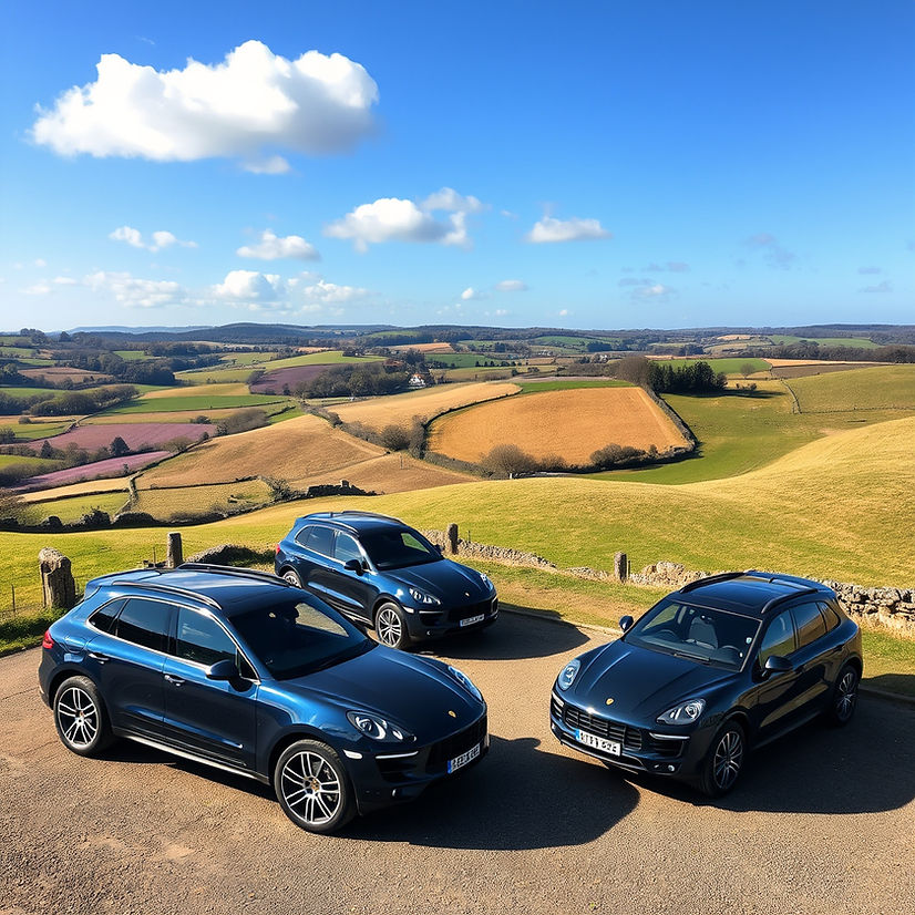 Three Cotswolds Day Tours Company Porsche Cayenne SUVs parked on a Cotswolds hill, overlooking lush rolling hills and honey-stone villages below.