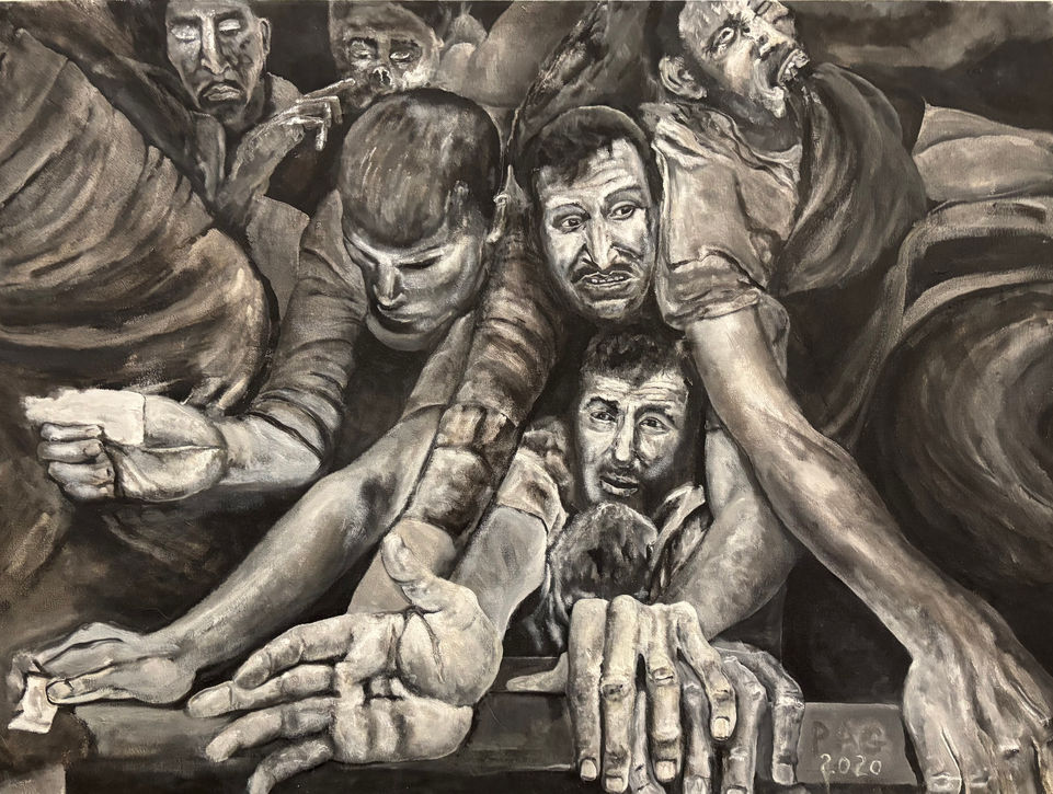 Title: Rohingian Refugees at the Boarder
Year: 2020
Medium: Oil on canvas
Dimensions: 24" x 32"