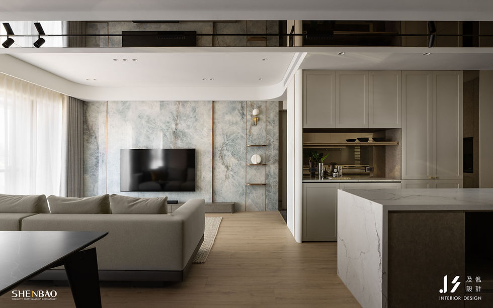 餐廳&書房 客廳 電視櫃 廚房 餐邊櫃桶身 中島櫃L107皮革灰 廚房 餐邊吊櫃 下櫃 高櫃門片C227伯爵白 
客廳 電視牆 層板 廚房 餐邊櫃 層板021泰柚