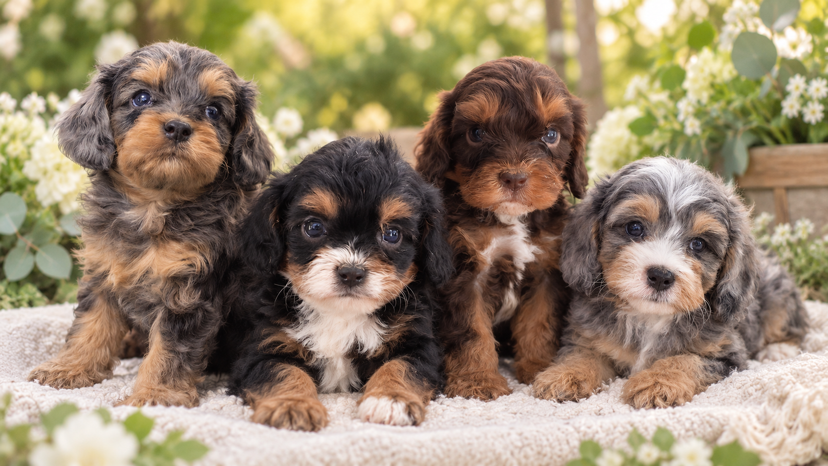Four Cavapoo puppies with distinctive red, black, white, and merle markings nestled together on a cream blanket