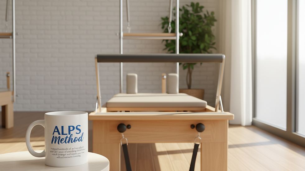 Close-up view of a Pilates reformer machine in a bright studio