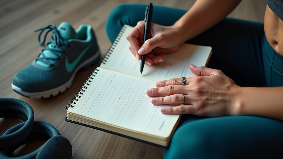 High angle view of a person writing in a fitness journal next to workout gear