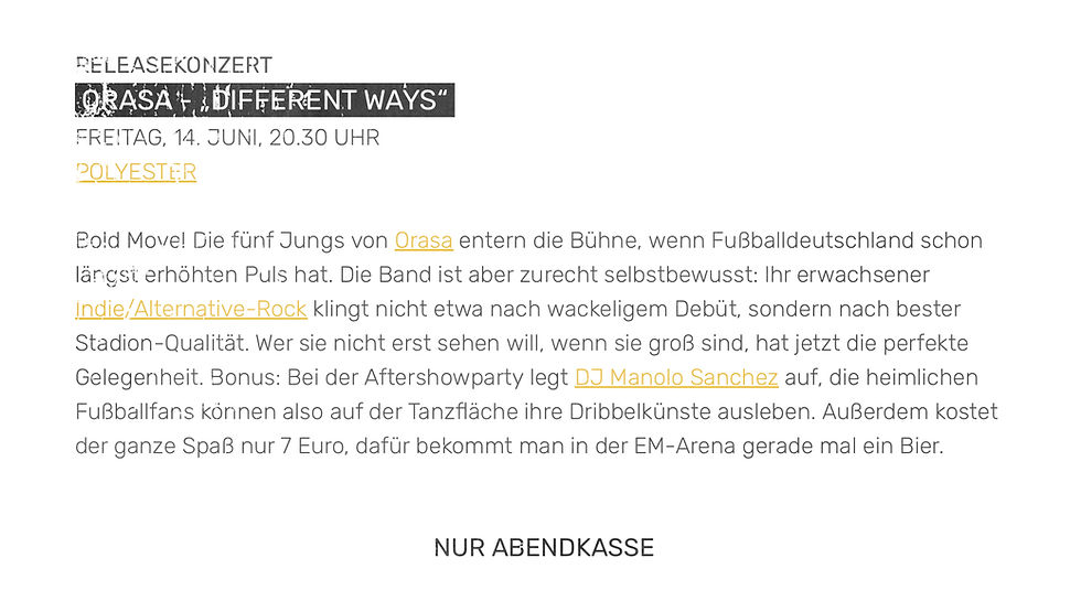 Screenshot eines Kulturschnack-Artikels, in dem das Releasekonzert der Band orasa im Juni 2024 erwähnt wird.