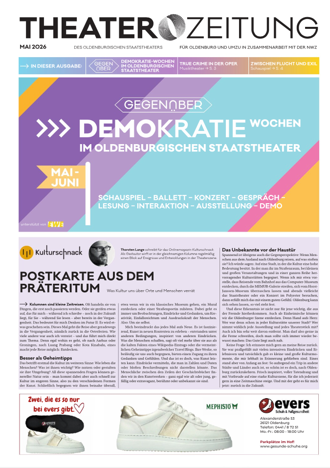Titelseite der Theaterzeitung des Oldenburgischen Staatstheaters vom Mai 2026 mit der Kulturschnack-Kolumne von Thorsten Lange