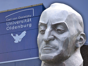 Bildmontage einer Büste von Carl von Ossietzky und dem Namen der nach ihm benannten Universität in Oldenburg