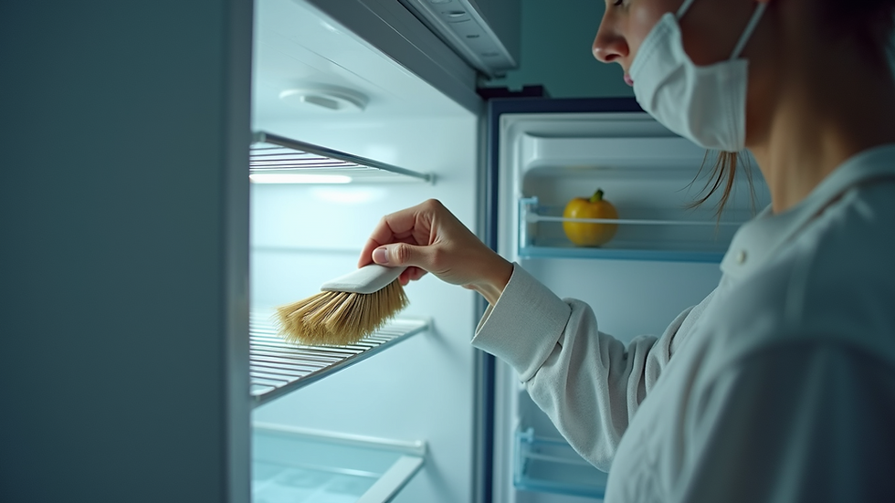 Close-up view of a refrigerator's condenser coils being cleaned