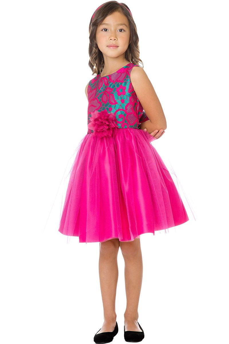 Sweet Kids SK760 Fuchsia Floral Jacquard Dress w/ Crystal Tulle