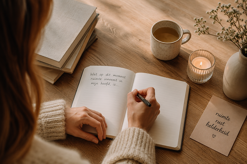 Persoon schrijft in notitieboek aan houten tafel met boeken, kaars, mok en bloemen; tekst: ruimte, rust, helderheid; warme sfeer.