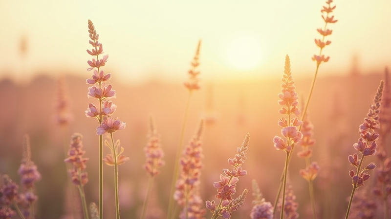 Rustgevend lavendelveld bij zonsondergang