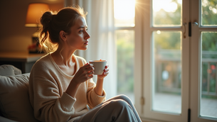 Vrouw op bank met mok bij raam in warm zonlicht, dromend en rustig.