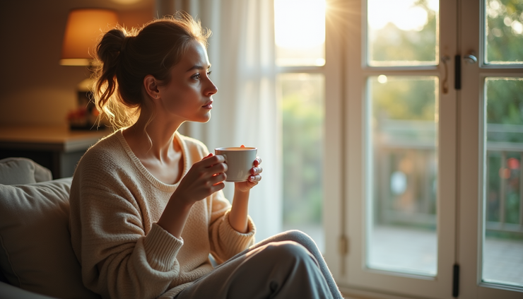 Close-up van een vrouw die ontspannen zit met een kop thee bij het raam