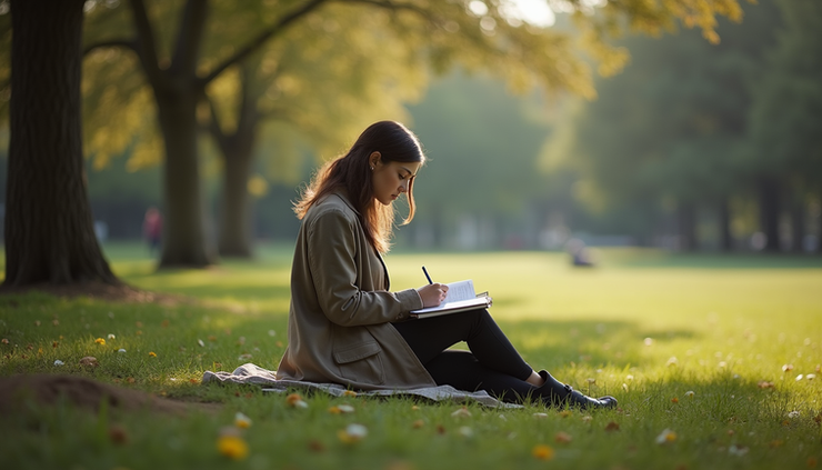Middenafstandsfoto van een vrouw die in een rustig park zit en schrijft in een notitieboekje