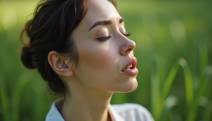Close-up van een vrouw die rustig ademhaalt in een groene tuin