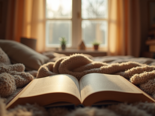 Open boek op een bed met zachte gebreide deken, warm zonlicht door het raam en een rustige, gezellige sfeer.