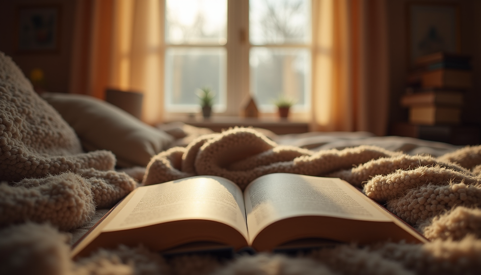 Open boek op een bed met zachte gebreide deken, warm zonlicht door het raam en een rustige, gezellige sfeer.