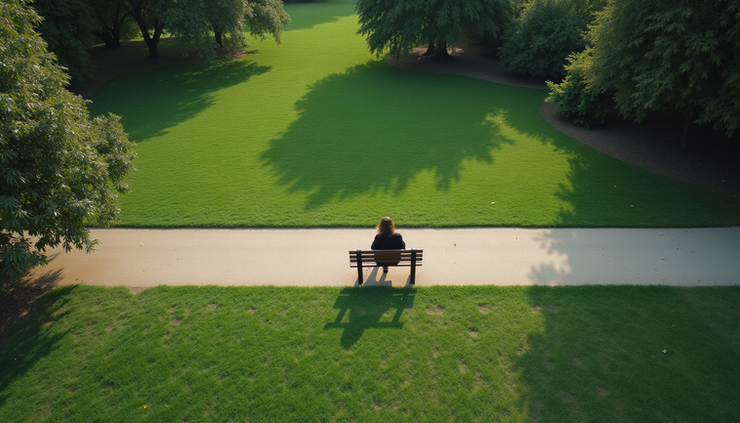 Luchtfoto van een vrouw die alleen op een bankje zit in een rustige, groene omgeving
