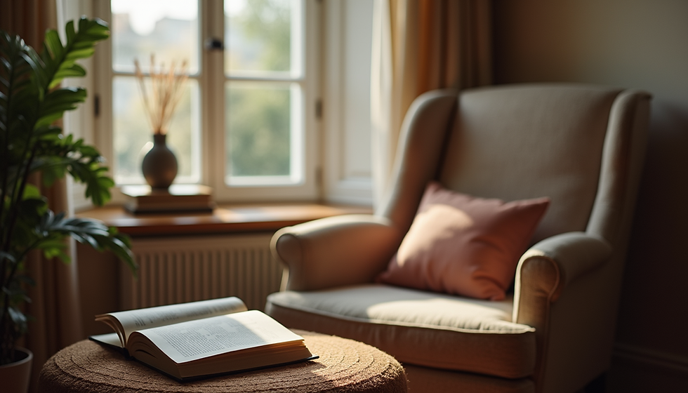 Gezellige woonkamer met open boek op ronde poef, beige fauteuil met roze kussen, plant en zonnig raam.