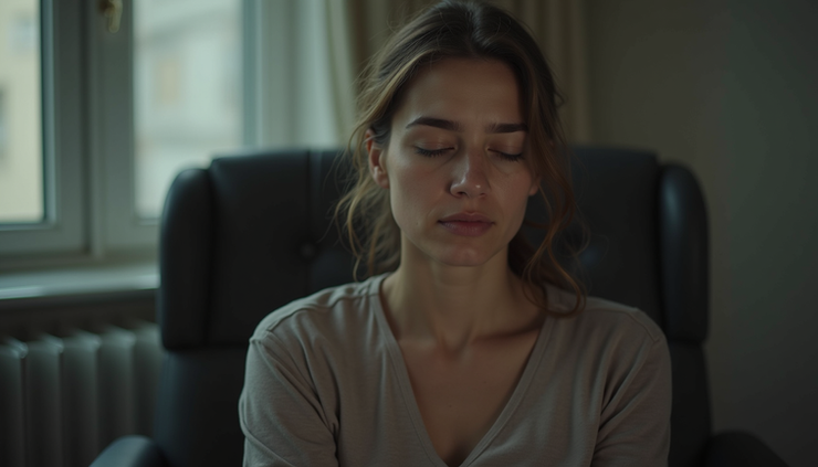 Close-up van een vrouw die rustig zit in een stoel, met een lichte frons van onrust op haar gezicht