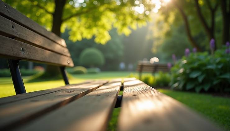Close-up van een rustige tuin met een bankje in de schaduw